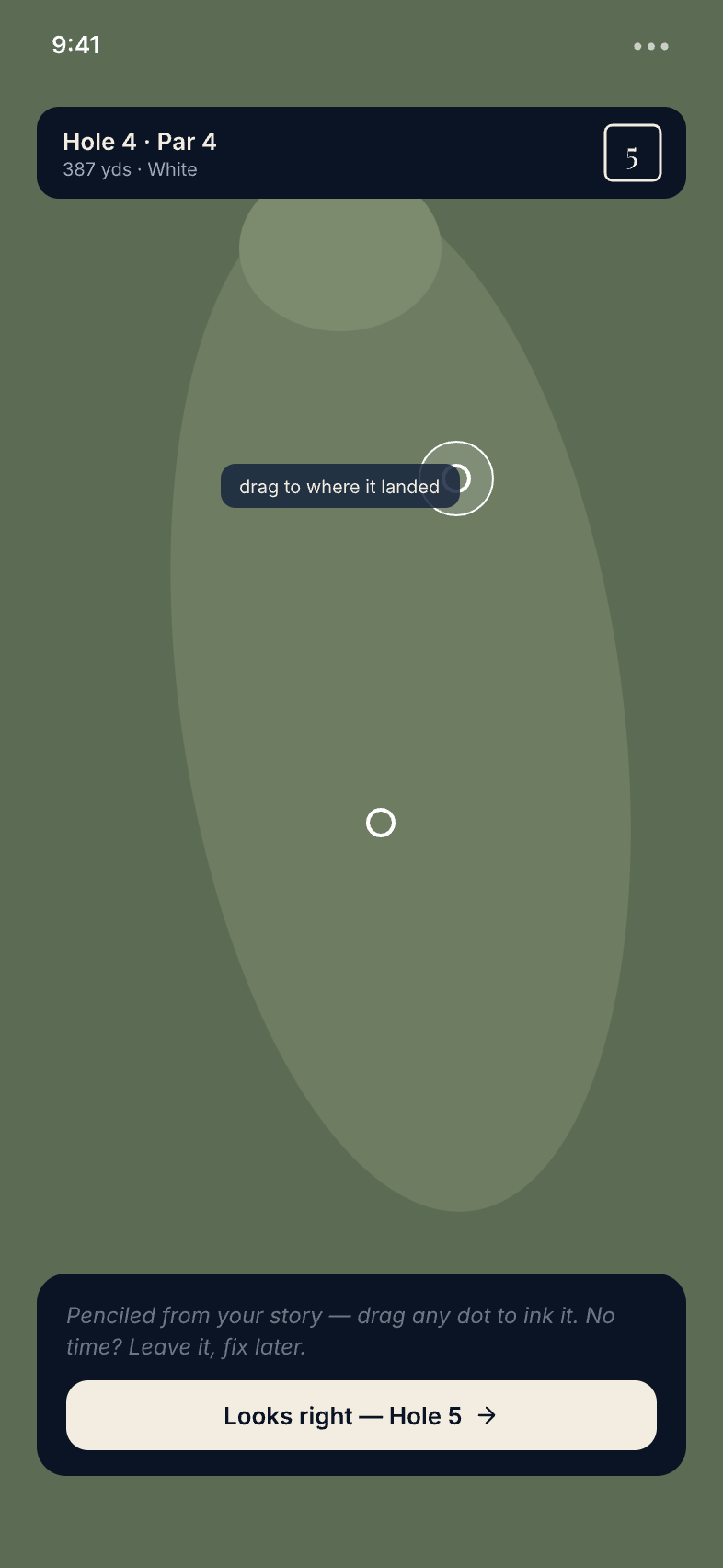 Hole review map: a shot dot on the fairway with a 'drag to where it landed' handle, and a 'Looks right — Hole 5' confirm button