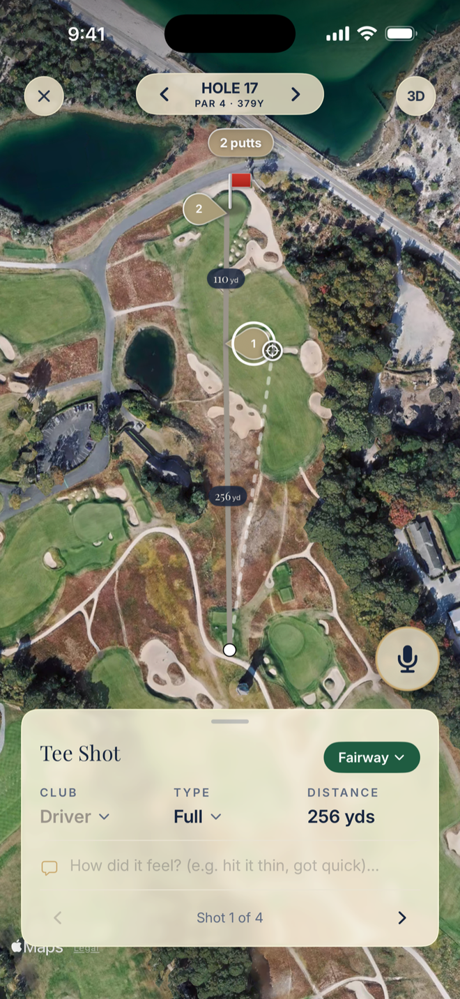 A seaside par four in a pitched 3-D satellite view with numbered shot dots down the fairway and an open tee-shot card: Driver, full swing, 256 yards, found the fairway