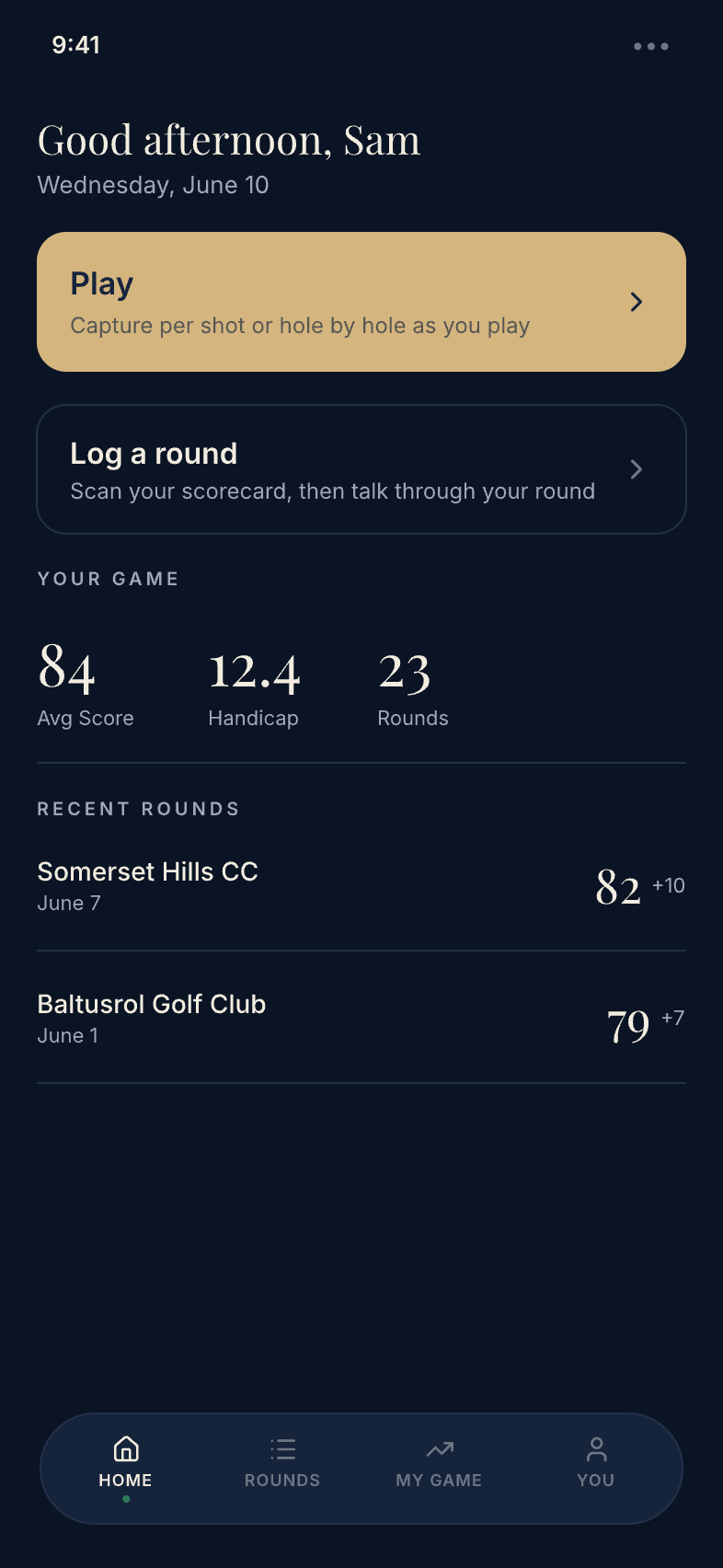 Round Review home screen: a Play card, your scoring stats, and recent rounds set in serif numerals on a deep navy ground