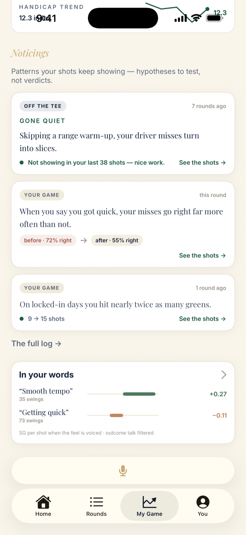 Noticings feed: patterns the app noticed, written as sentences in the player's own words, each with an evidence count and a link to the shots